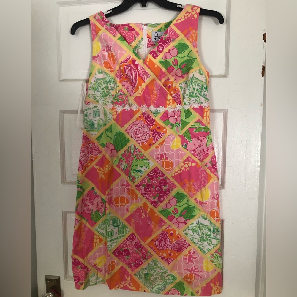 Lilly Pulitzer Pink and Green Patchwork women’s Dress size 12 floral summer pink